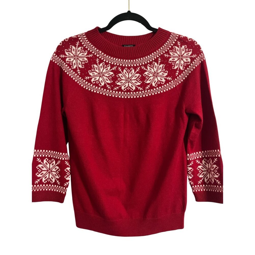TALBOTS Sweater Beaded Snowflakes Red Lamb's Wool Blend Size Medium Petite - Picture 2 of 12